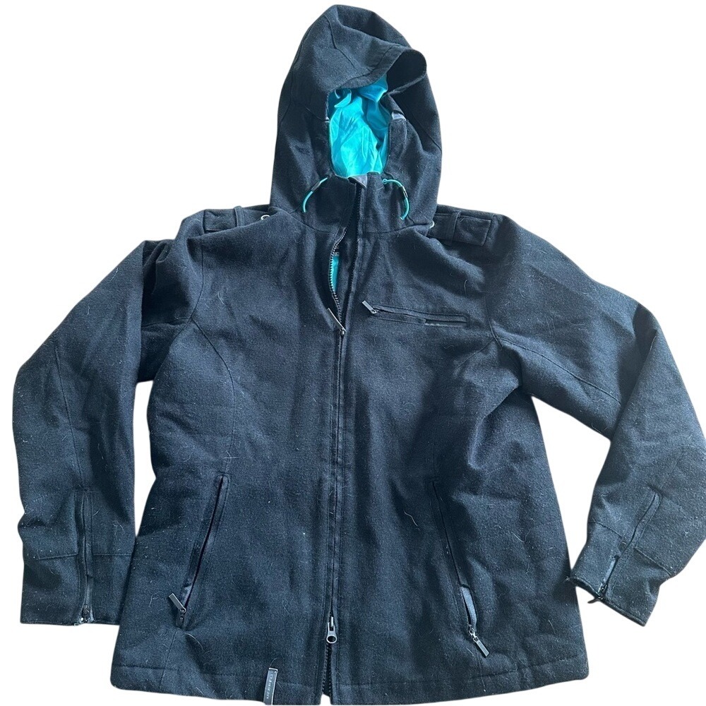 Merrell Womens Charcoal Black Hooded Full Zip Jacket Turquoise‎ Lining Size M